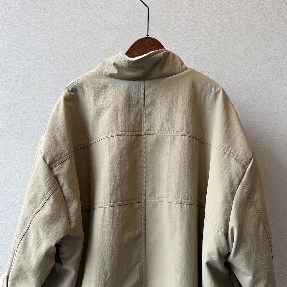 韓系設計感立領羊羔毛工裝保暖派克外套-2色