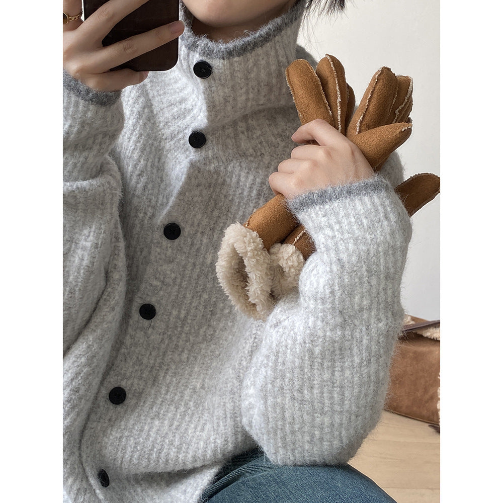 (48H出貨)韓系慵懶撞色翻領單排扣毛衣開衫外套-4色