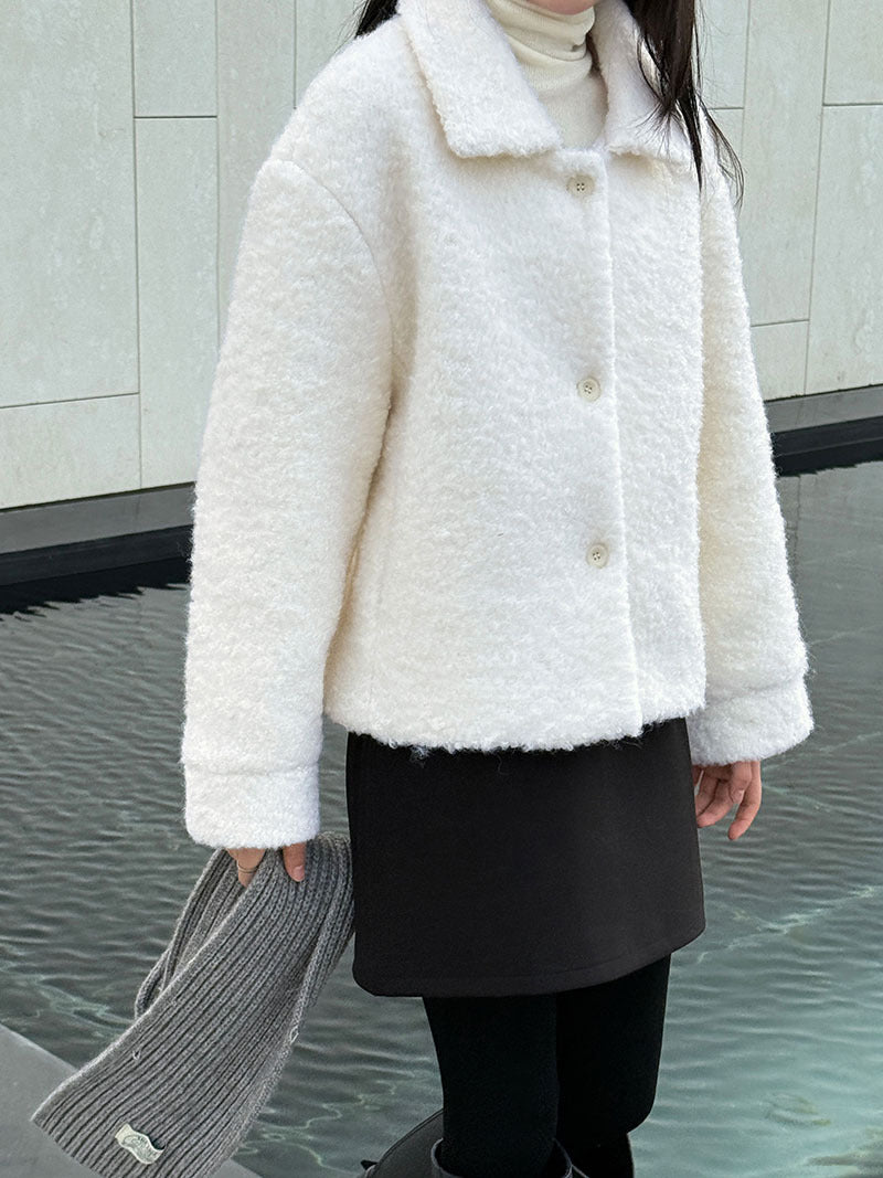 韓版單排扣短款羊羔毛翻領外套-2色