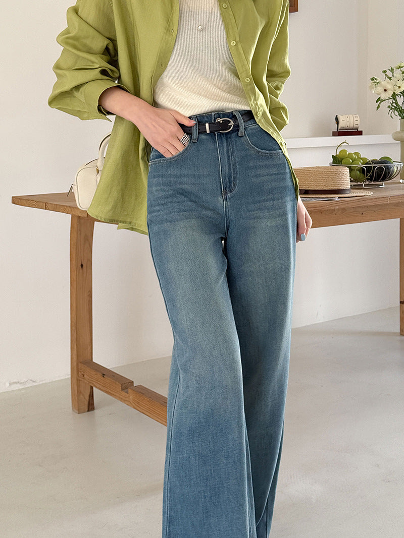 韓系高腰顯瘦寬鬆微喇褲牛仔闊腿褲