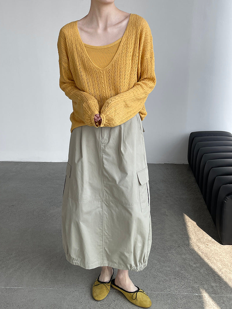 韓系鏤空V領防曬針織罩衫+吊帶上衣-兩件式套裝-4色