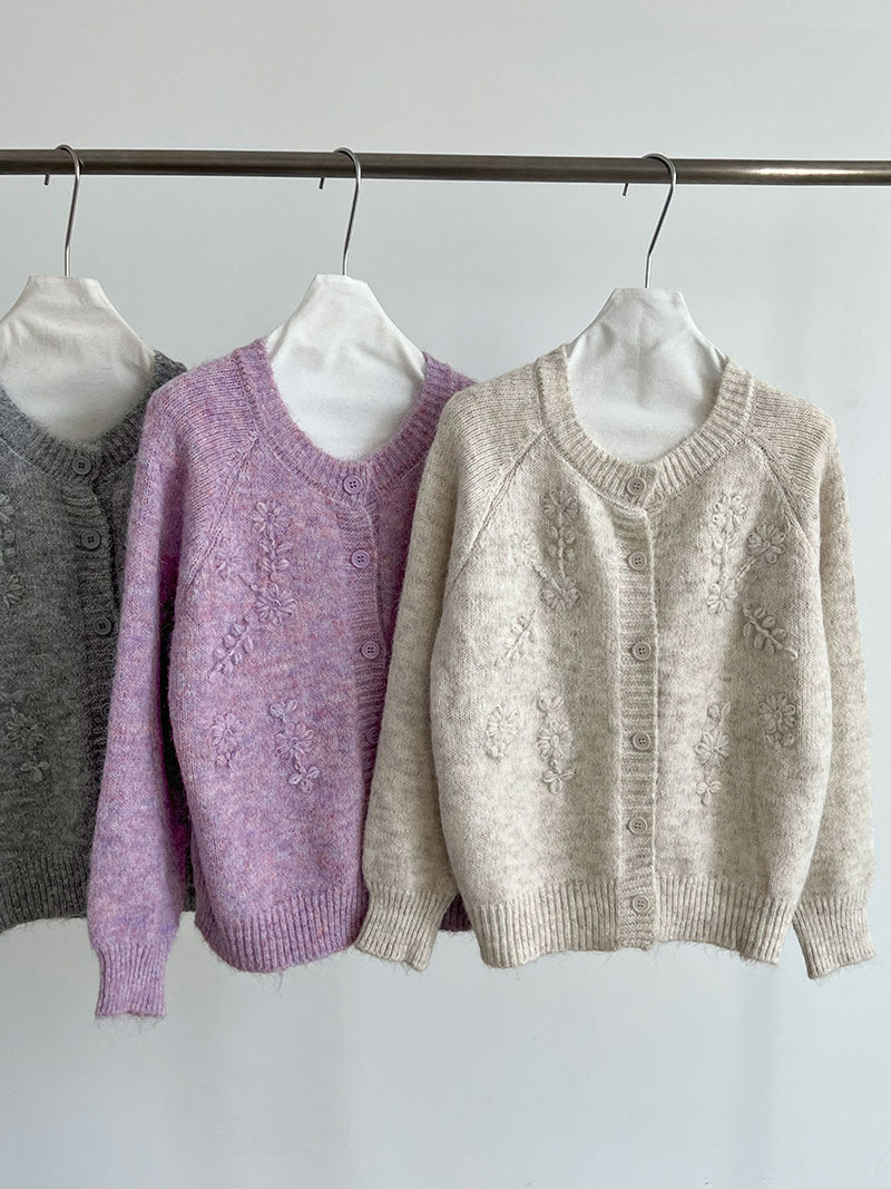 韓系立體手工花朵刺繡針織開衫外套-3色