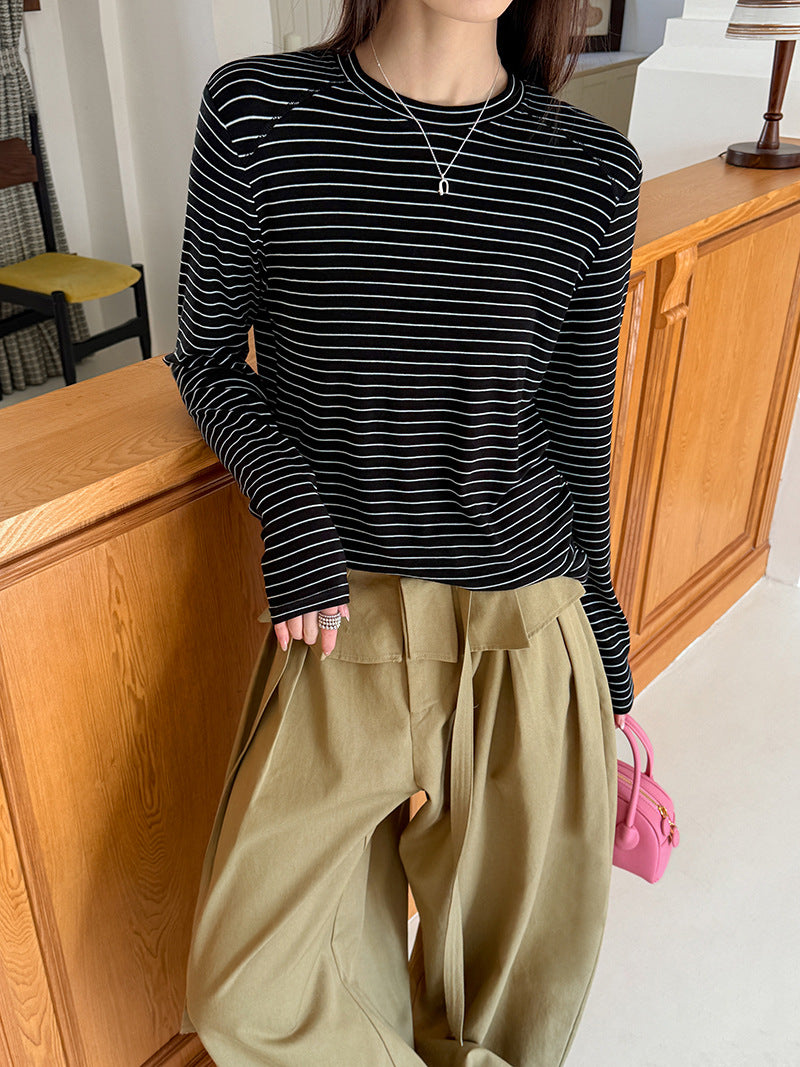 簡約拼色條紋圓領寬鬆套頭長袖針織衫-2色