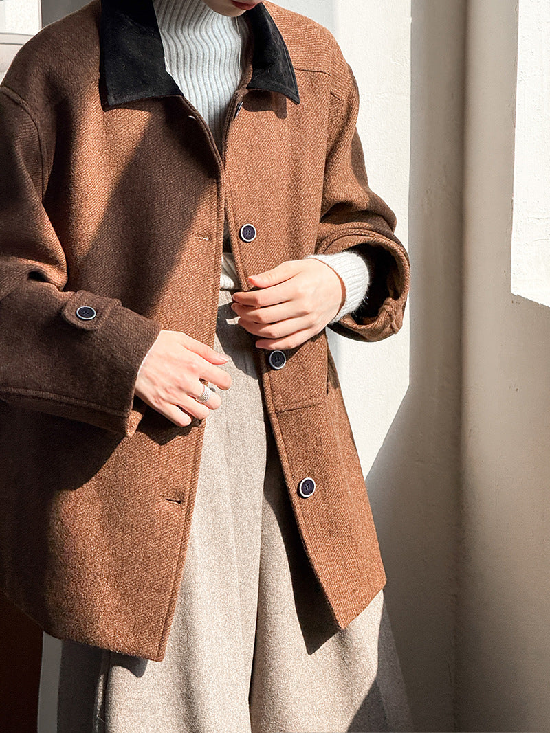 韓系復古翻領氣質撞色羊毛夾克外套-2色