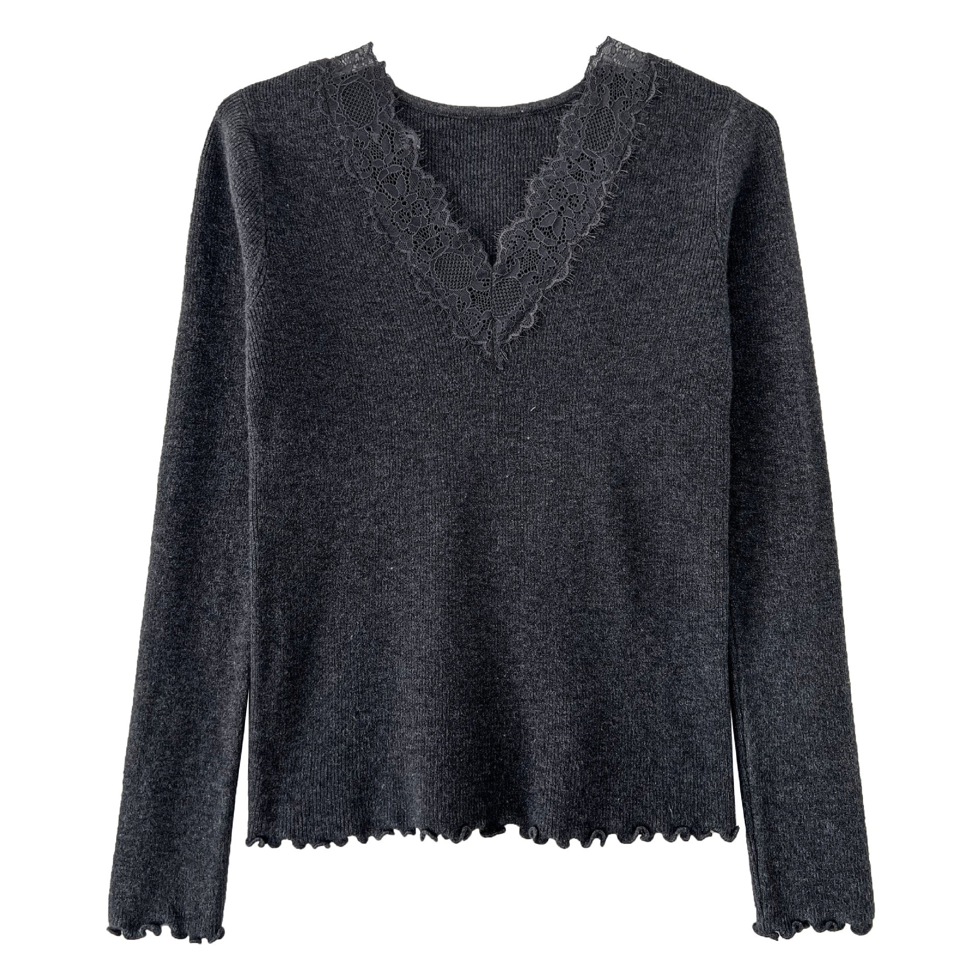 法式修身氣質蕾絲V領顯瘦內搭針織上衣-3色