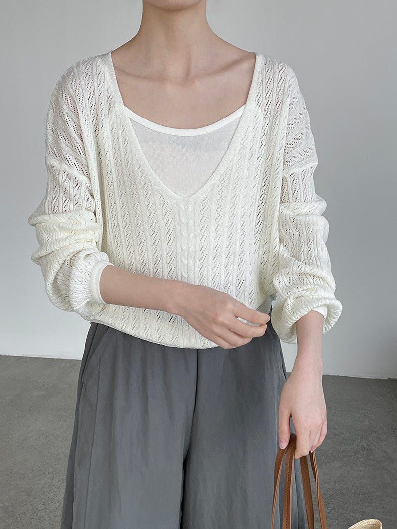韓系鏤空V領防曬針織罩衫+吊帶上衣-兩件式套裝-4色