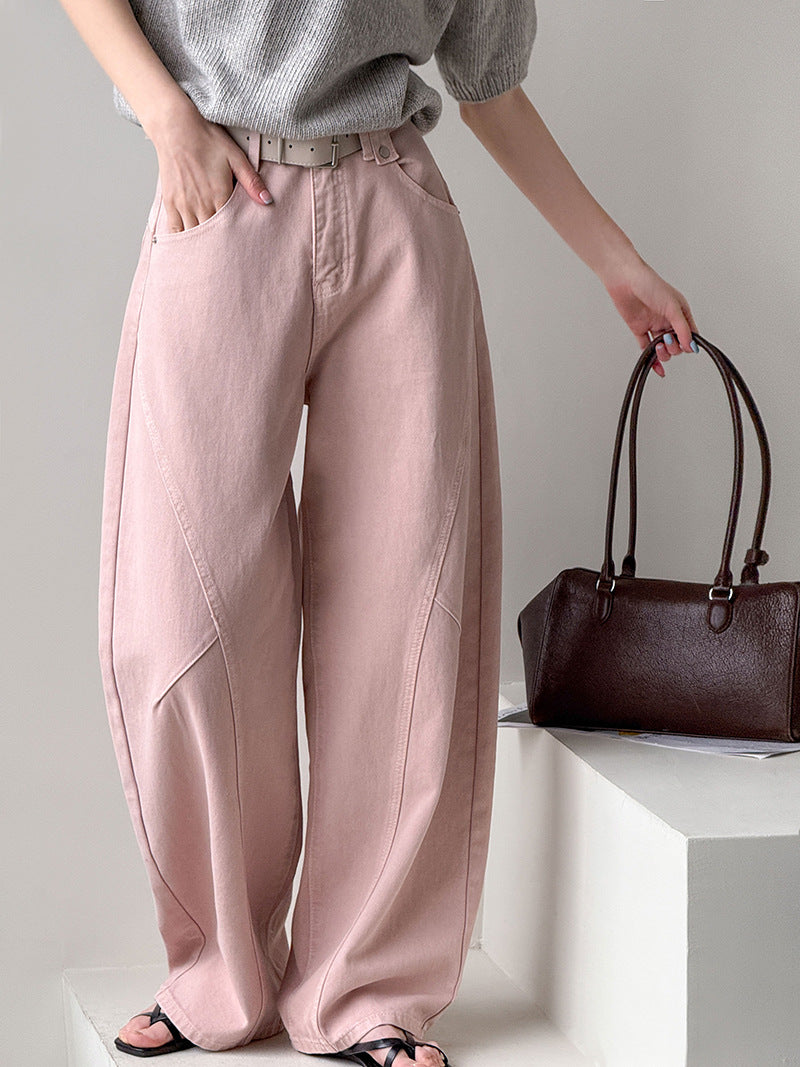 美式復古粉鬆弛高腰闊腿休閒褲