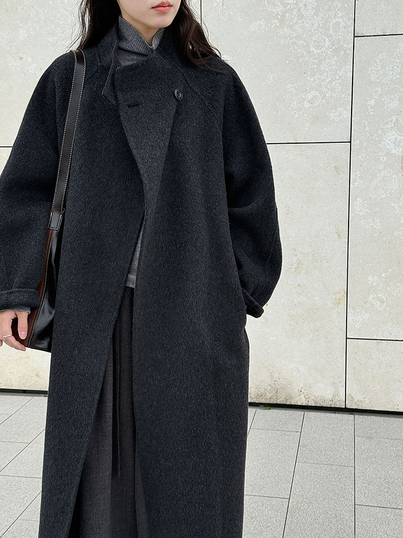 韓版慵懶斜扣領長款雙面呢羊毛大衣外套-3色