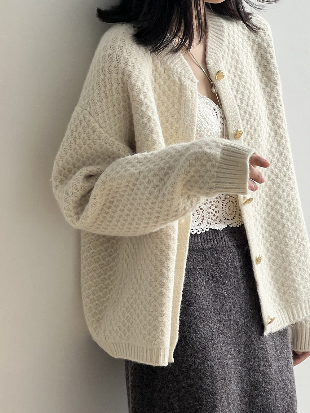 菠蘿紋愛心慵懶扣軟糯針織開衫-3色