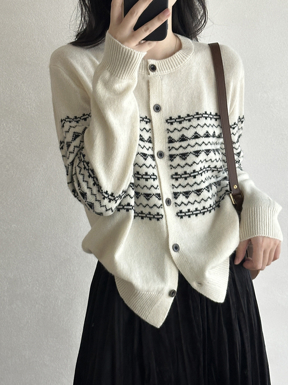 復古費爾島提花圓領軟糯針織開衫-2色
