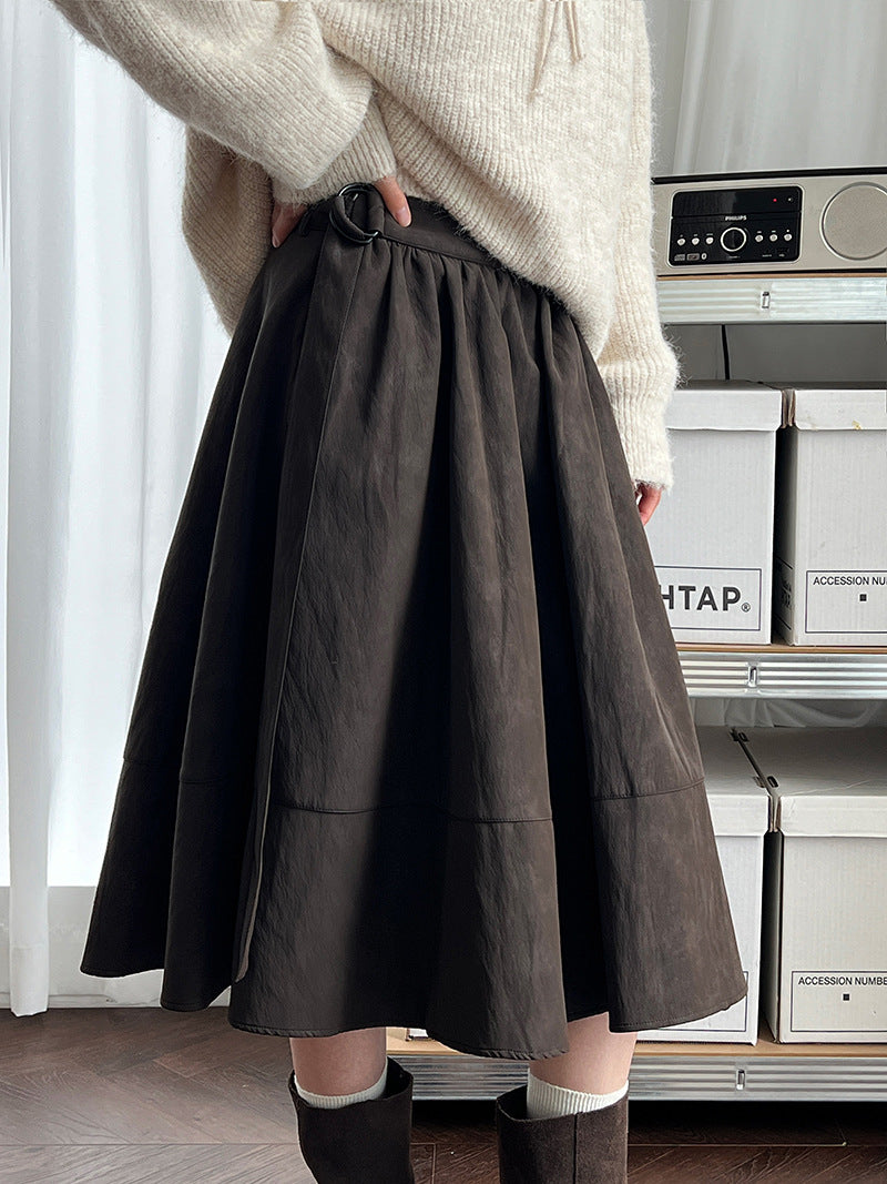 復古麂皮拼接百褶遮肉顯瘦半身裙-2色