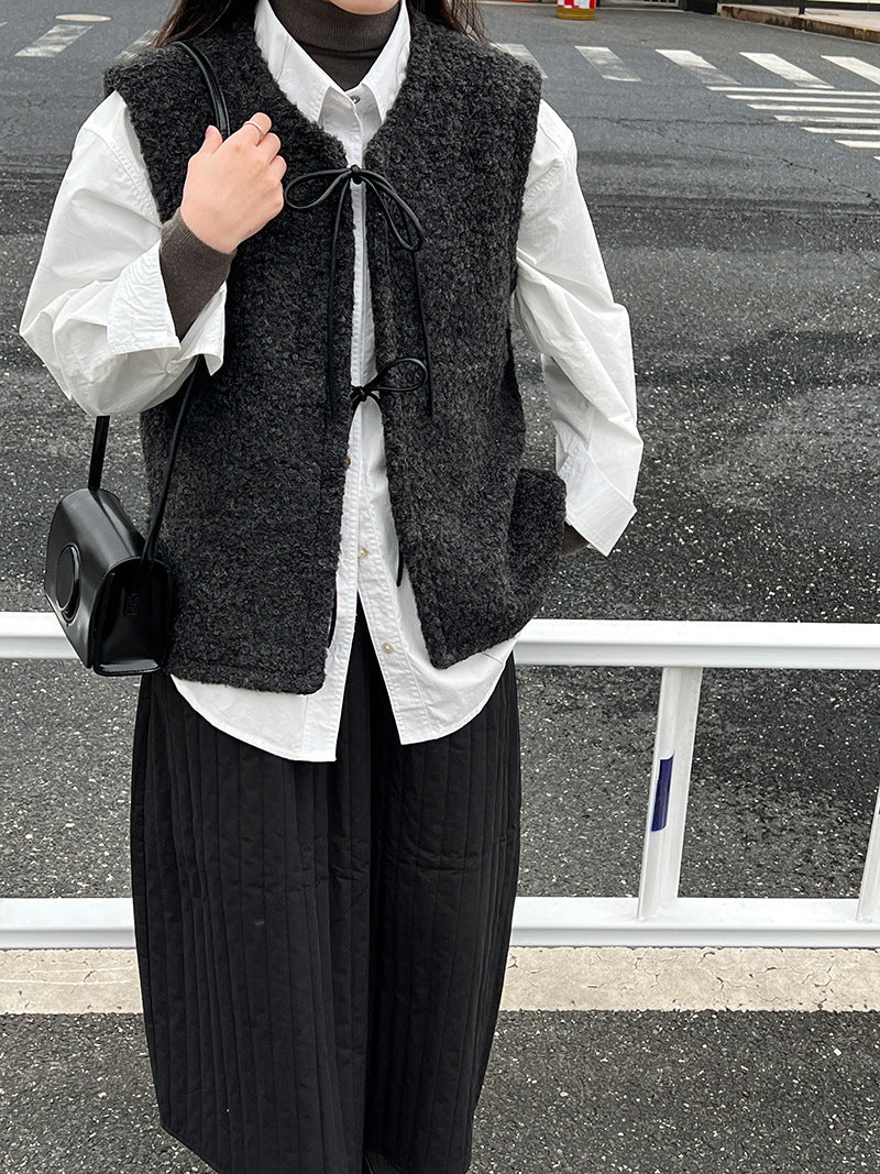 韓系圈圈絨皮繫帶疊穿百搭坎肩馬甲外套