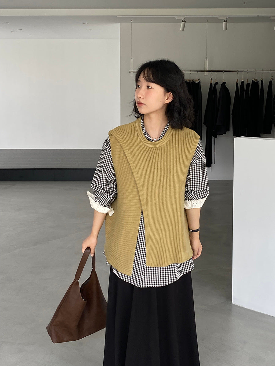 韓版不規則疊穿百搭款針織馬甲上衣-3色