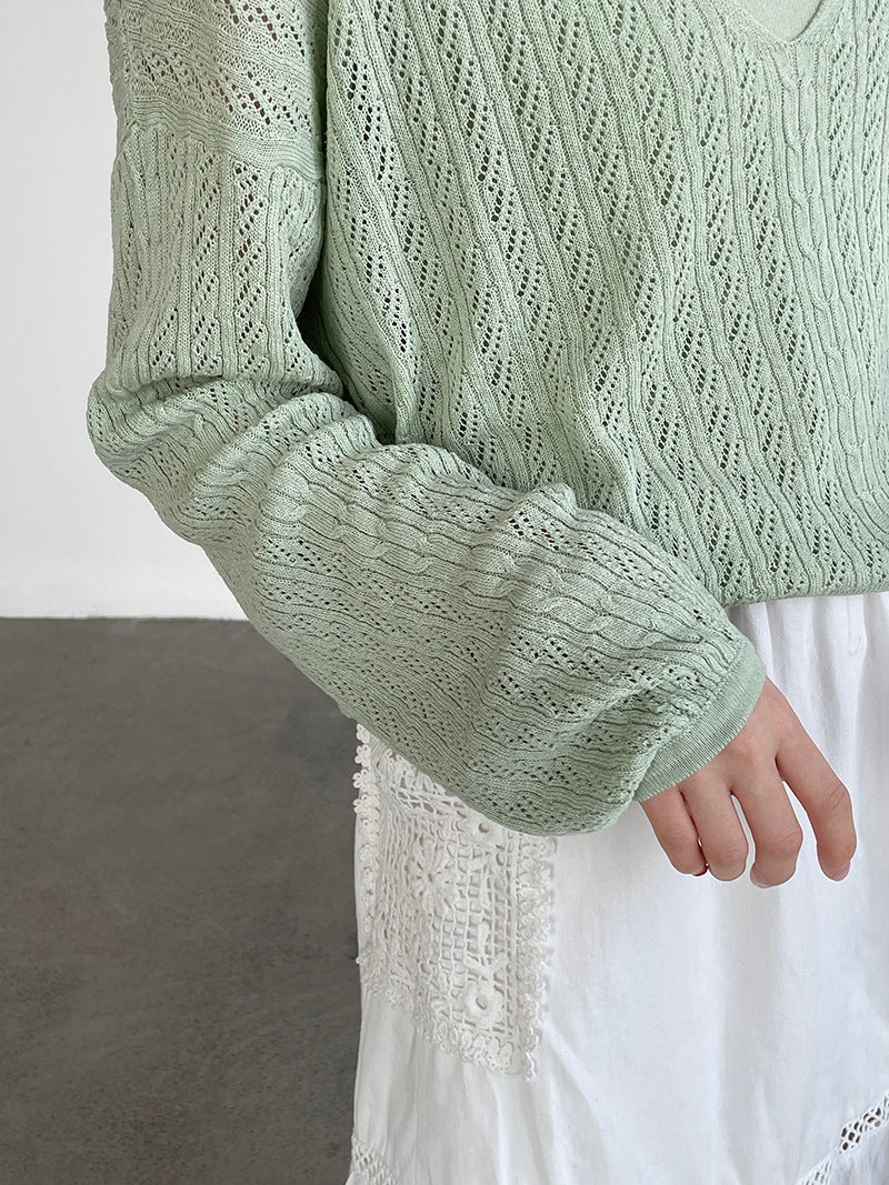 韓系鏤空V領防曬針織罩衫+吊帶上衣-兩件式套裝-4色