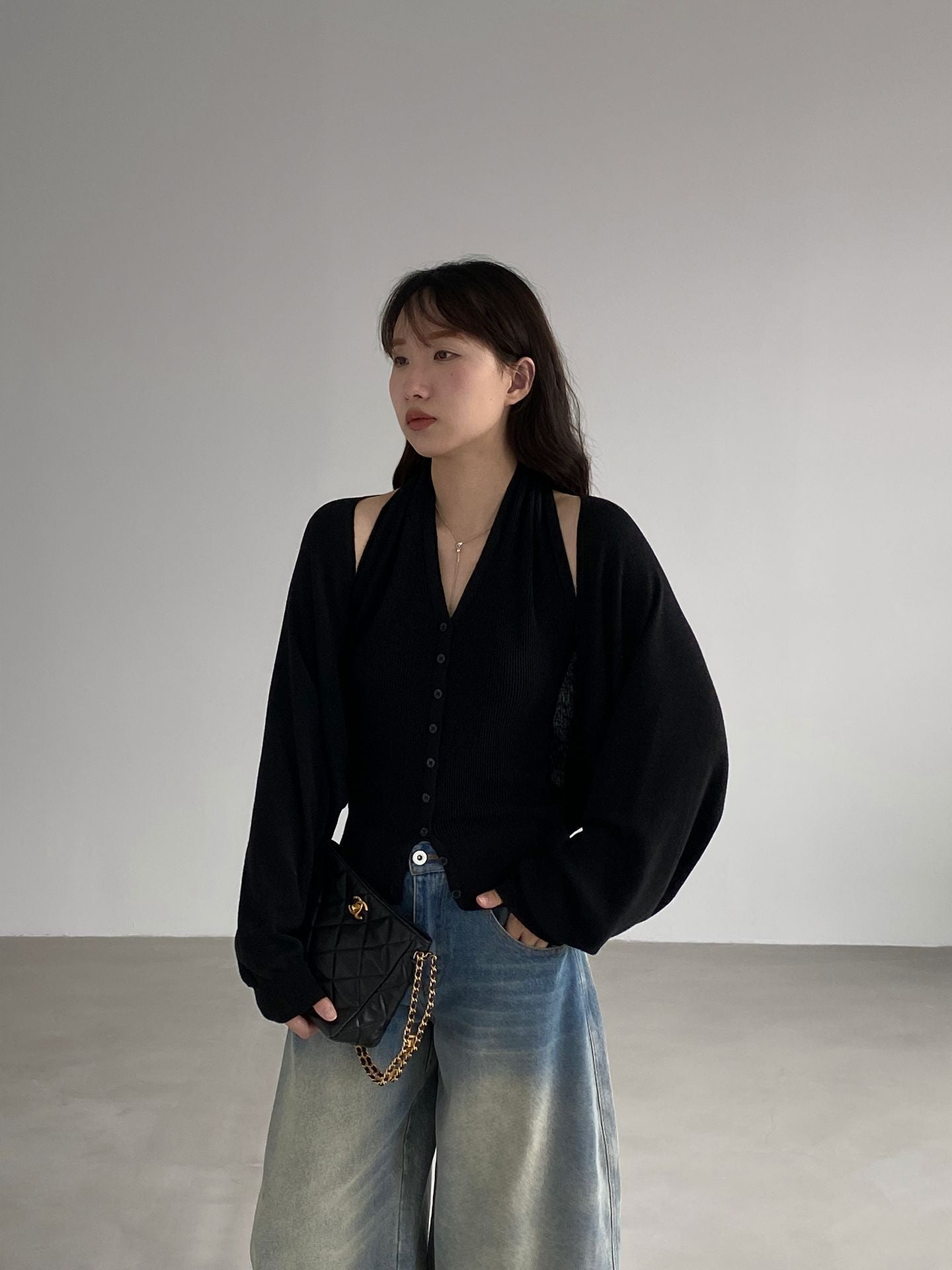 韓系低飽和顯瘦掛脖背心＋針織開衫-兩件式套裝-7色
