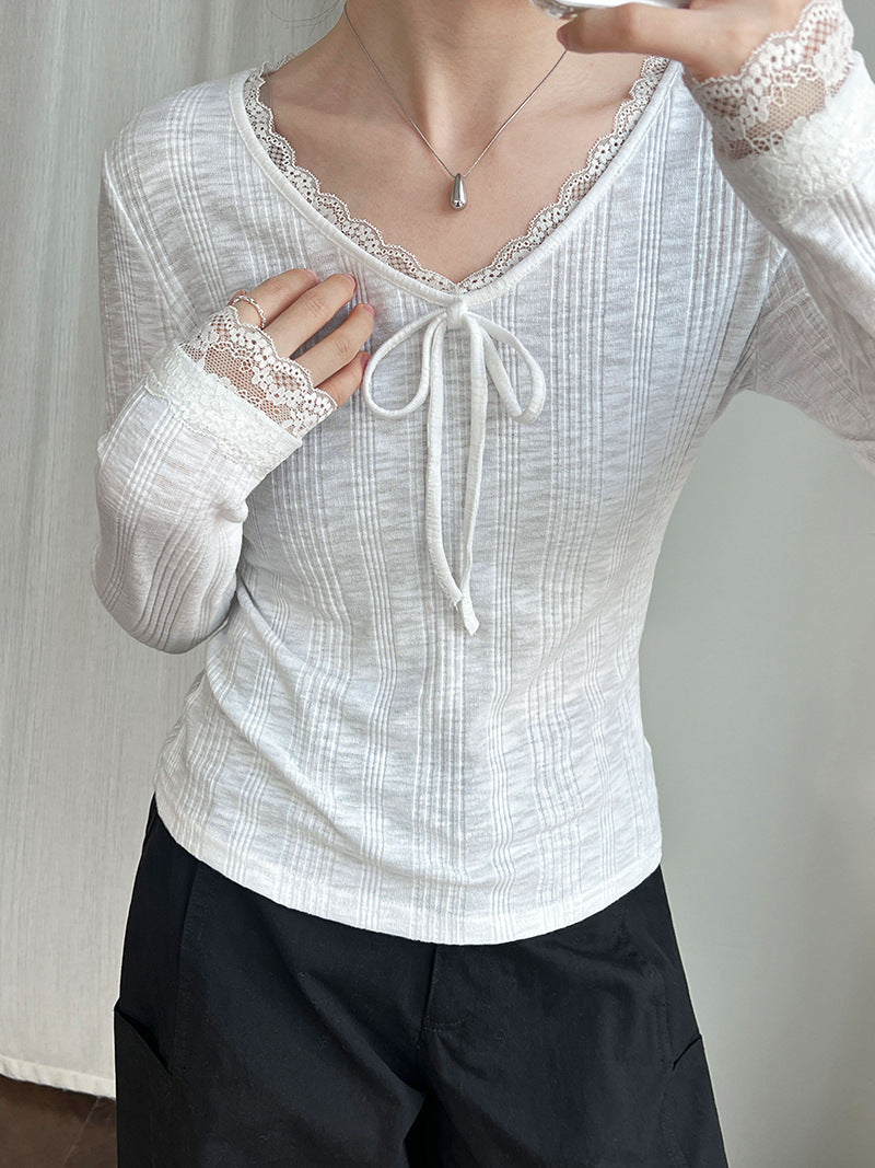 韓系V領蕾絲蝴蝶結內搭修身長袖打底衫-2色