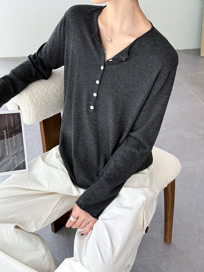 高級感薄款半開領修身顯瘦長袖針織打底衫-4色