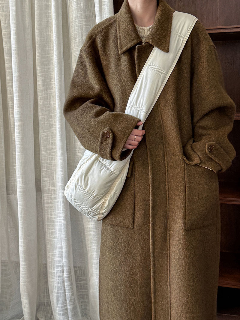 韓系高質感羊毛翻領拉鍊雙面呢大衣外套-2色