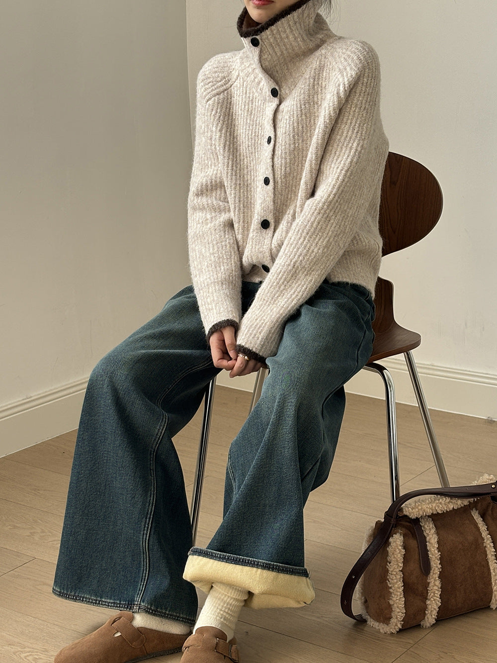 (48H出貨)韓系慵懶撞色翻領單排扣毛衣開衫外套-4色