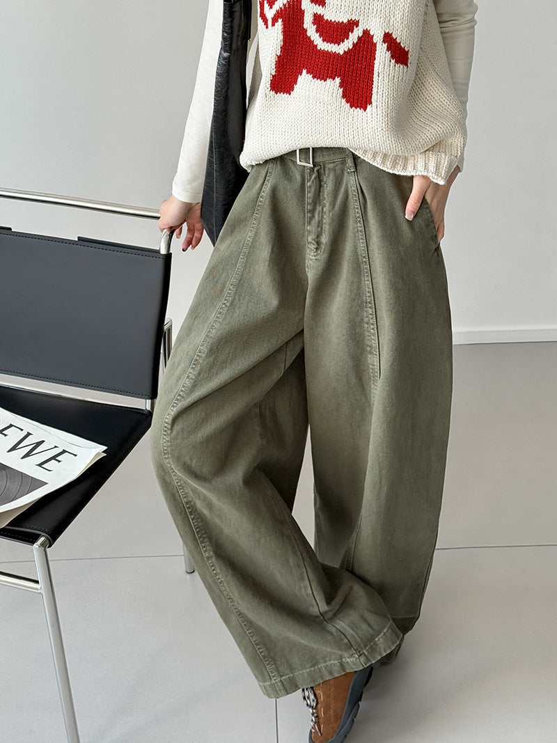 韓系復古高腰寬鬆顯瘦闊腿牛仔褲+腰帶-3色