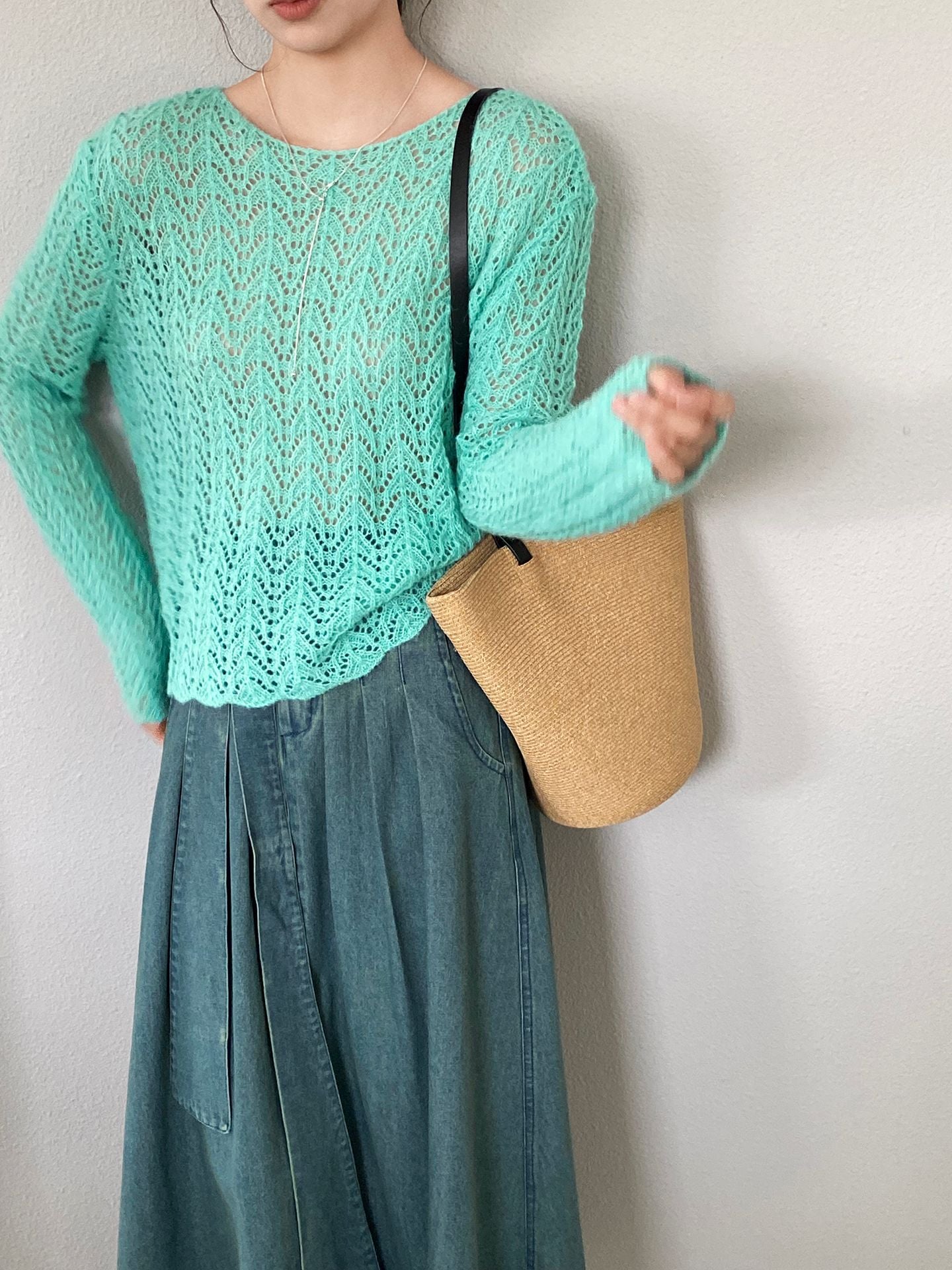 韓系鏤空鉤花V領套頭針織罩衫-4色