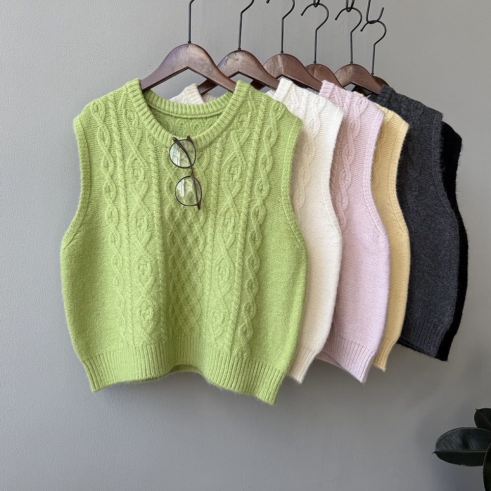 (48H出貨)糖果色圓領麻花軟糯針織背心馬甲-6色