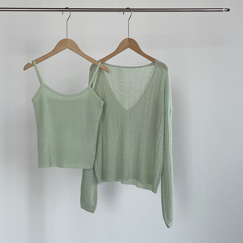 韓系鏤空V領防曬針織罩衫+吊帶上衣-兩件式套裝-4色