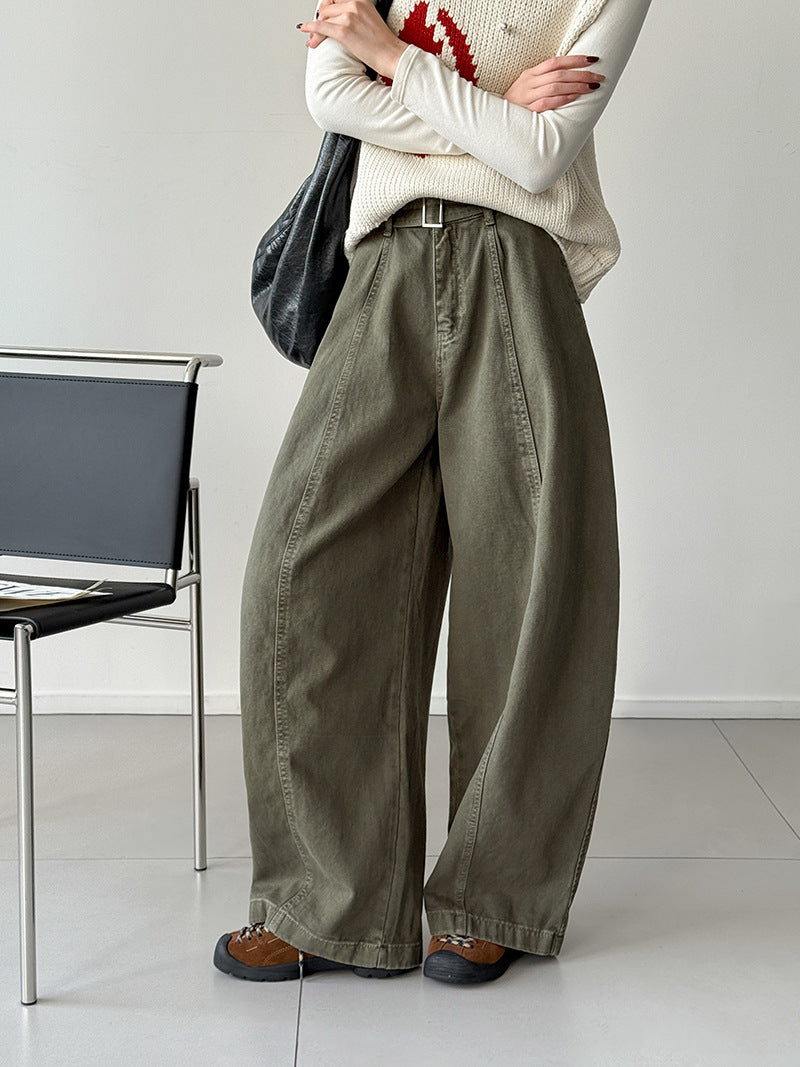 韓系復古高腰寬鬆顯瘦闊腿牛仔褲+腰帶-3色
