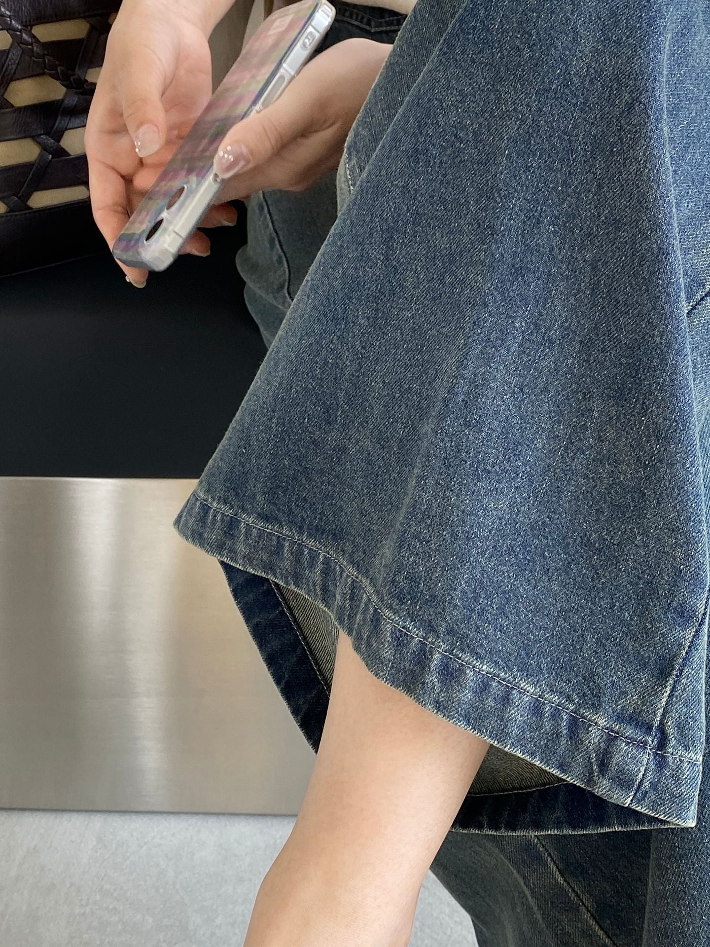 復古直筒軟牛仔垂感遮胯長褲
