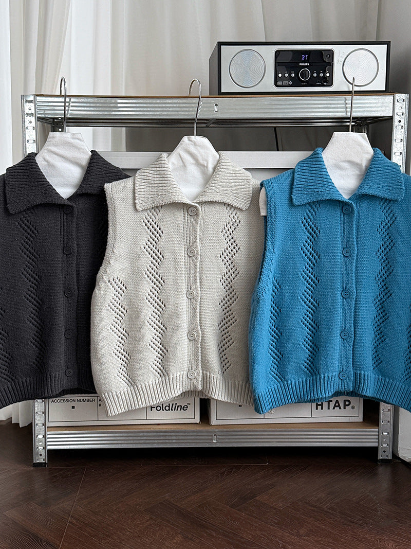 韓系翻領鏤空鉤花無袖坎肩針織馬甲背心-3色