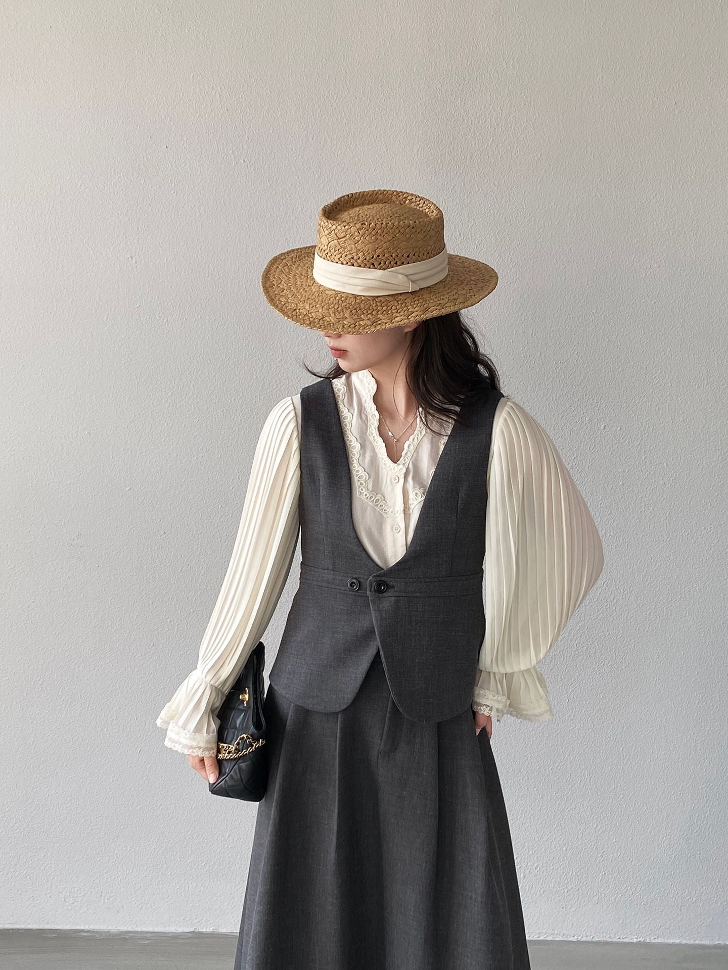 韓系通勤西裝氣質兩穿顯瘦馬甲+休閒半身裙-兩件式套裝