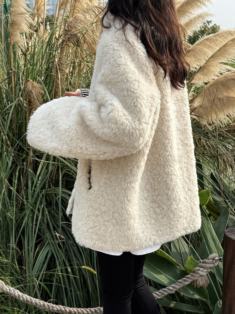 美拉德立領羊羔毛皮毛一體外套大衣-2色