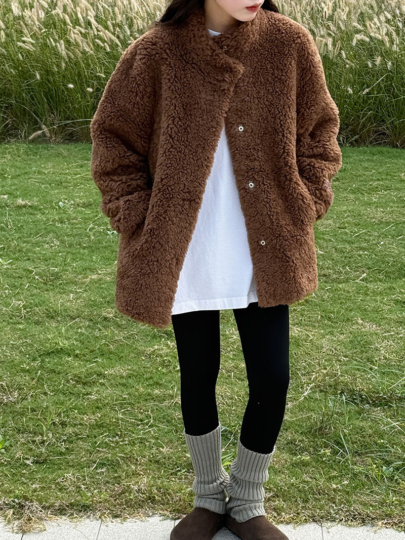 美拉德立領羊羔毛皮毛一體外套大衣-2色