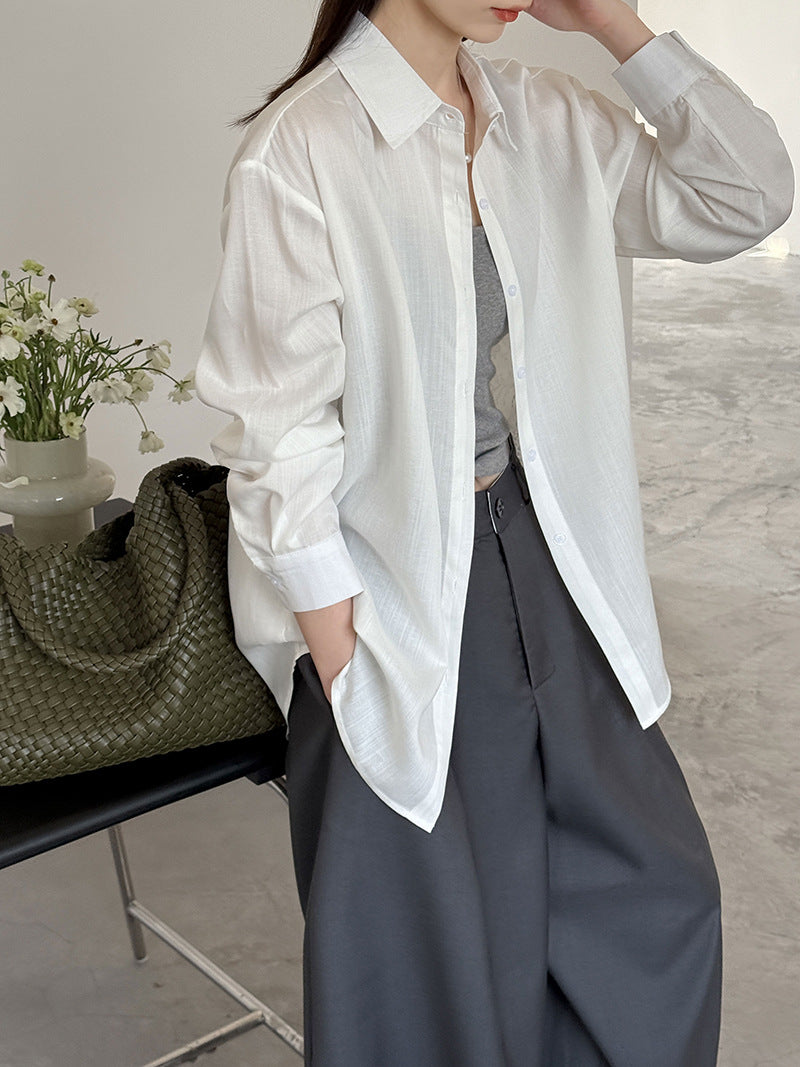 韓系天絲純欲感背後蕾絲純色襯衫外套-2色