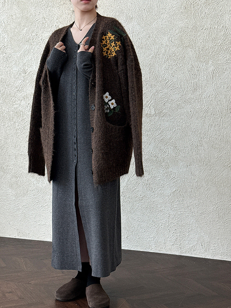 韓系復古軟糯花卉刺繡針織開衫外套-4色