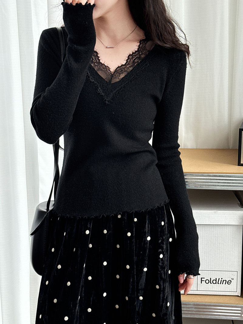 法式修身氣質蕾絲V領顯瘦內搭針織上衣-3色