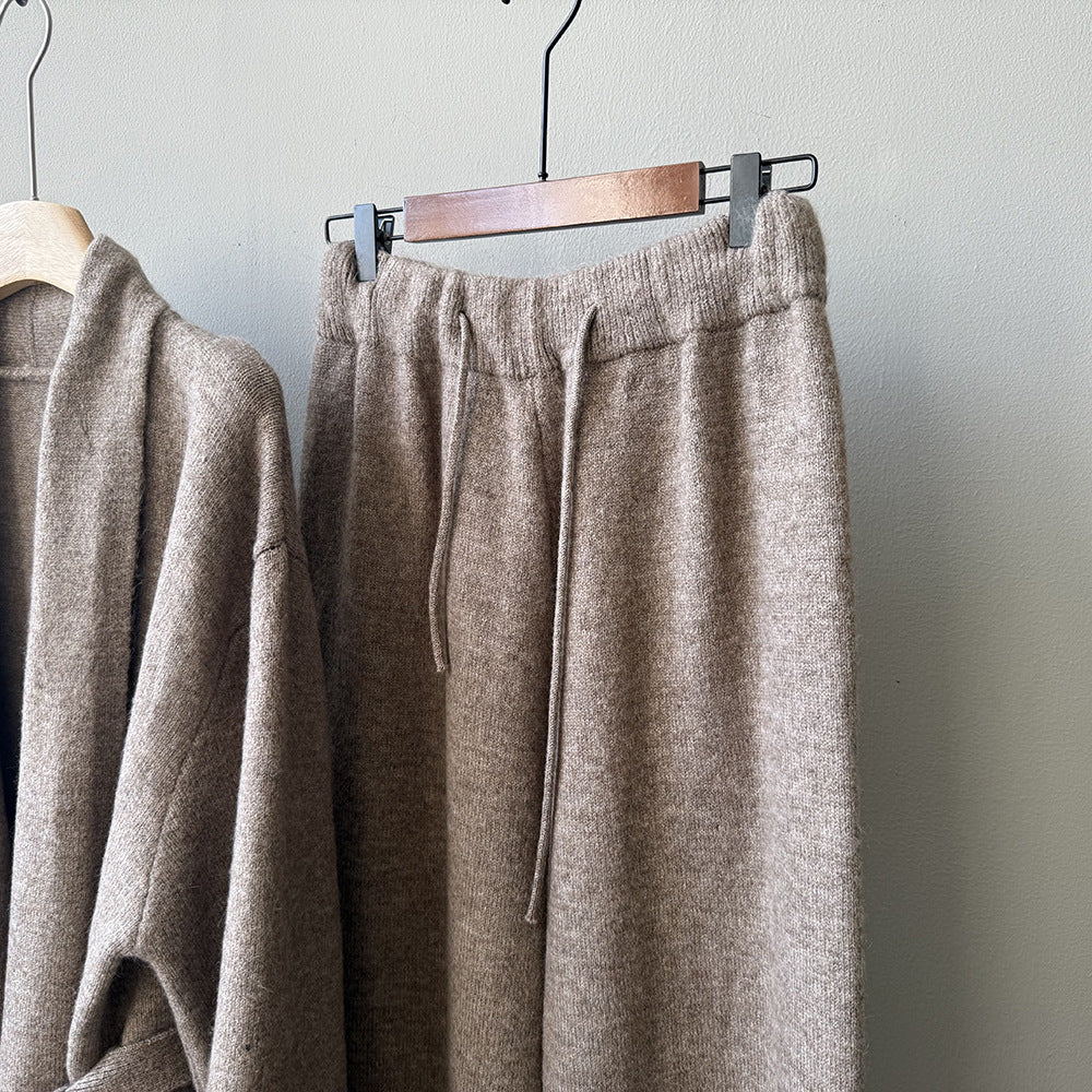 (48H出貨)高級慵懶風繫帶針織開衫+高腰闊腿褲-兩件式套裝-3色