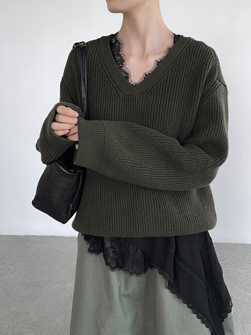 極簡美學V領慵懶風寬鬆套頭毛衣-5色