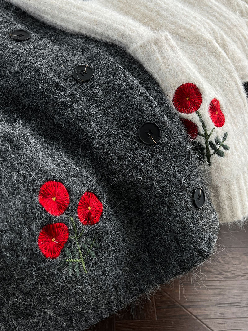 韓系復古軟糯花卉刺繡針織開衫外套-4色