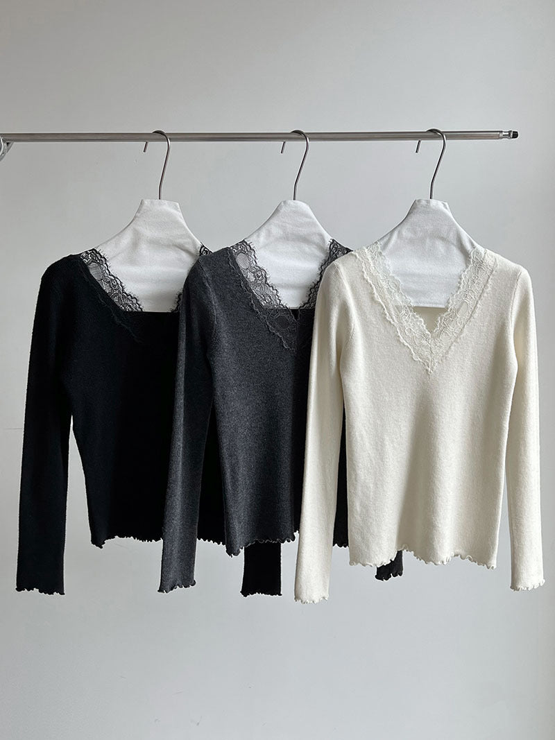 法式修身氣質蕾絲V領顯瘦內搭針織上衣-3色