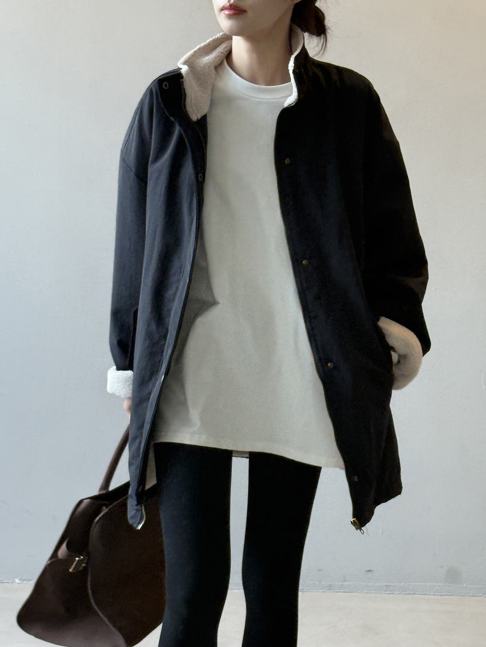 韓系設計感立領羊羔毛工裝保暖派克外套-2色