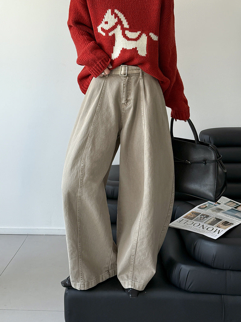 韓系復古高腰寬鬆顯瘦闊腿牛仔褲+腰帶-3色