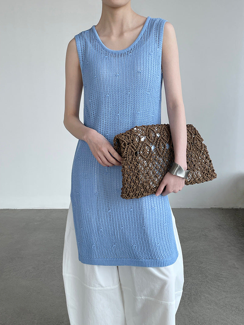 韓系側開叉圓領疊穿鏤空中長背心連身裙-4色