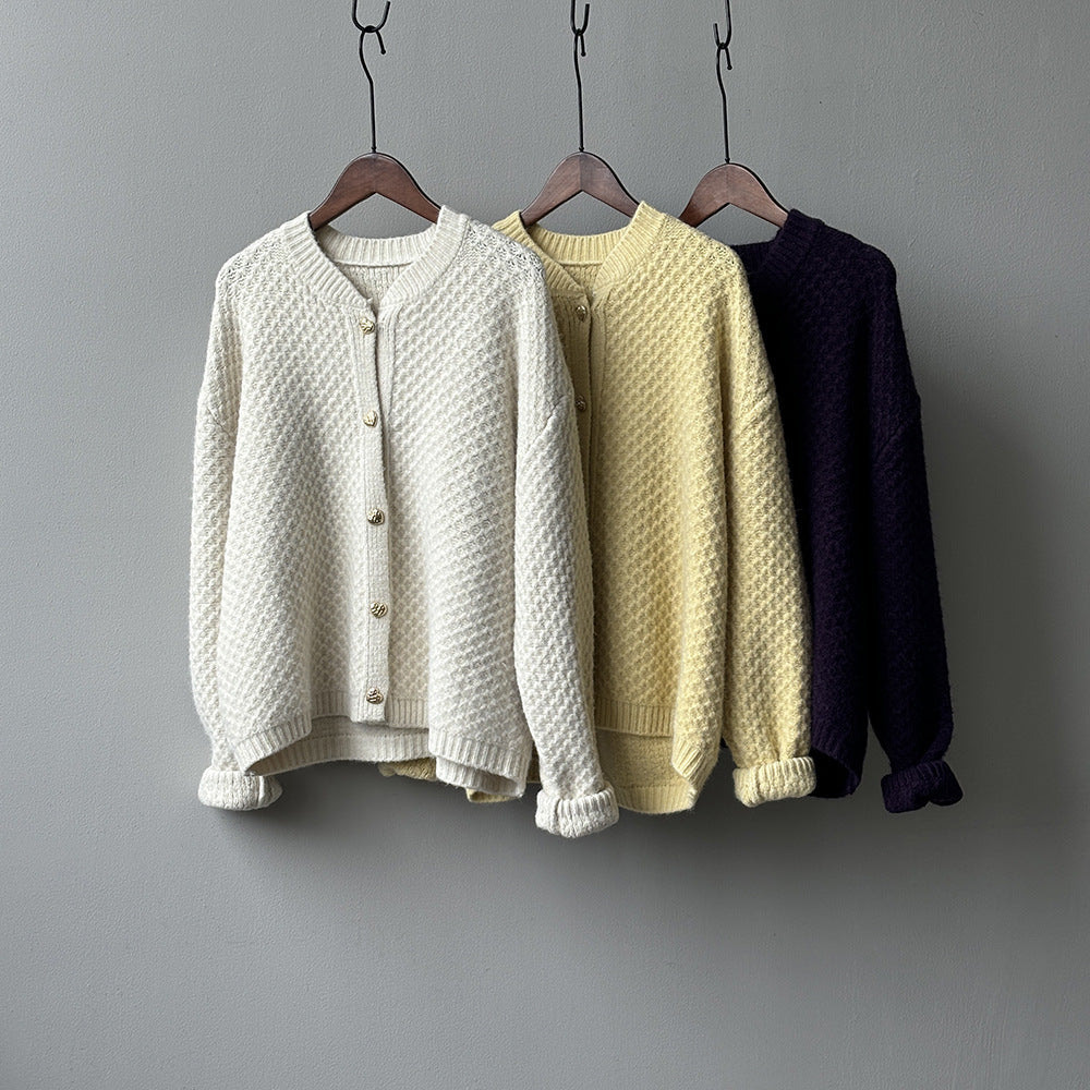 菠蘿紋愛心慵懶扣軟糯針織開衫-3色