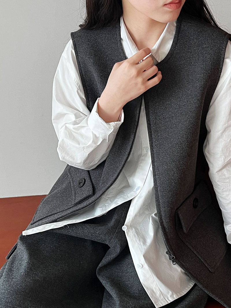 高級感寬鬆毛呢疊穿氣質圓領馬甲