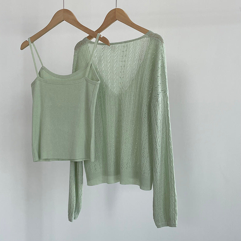 韓系鏤空V領防曬針織罩衫+吊帶上衣-兩件式套裝-4色