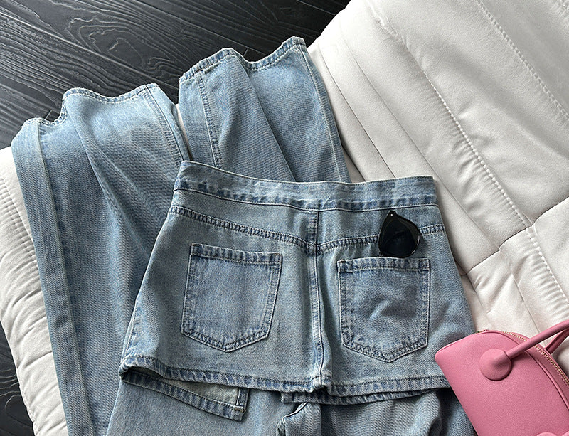 韓系小衆水洗可拆牛仔屁簾高腰顯瘦直筒牛仔褲