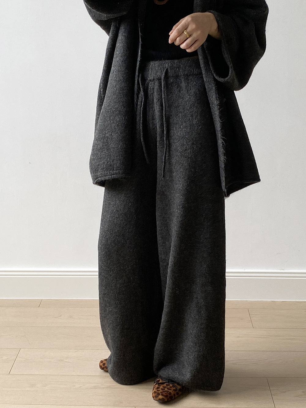 (48H出貨)高級慵懶風繫帶針織開衫+高腰闊腿褲-兩件式套裝-3色