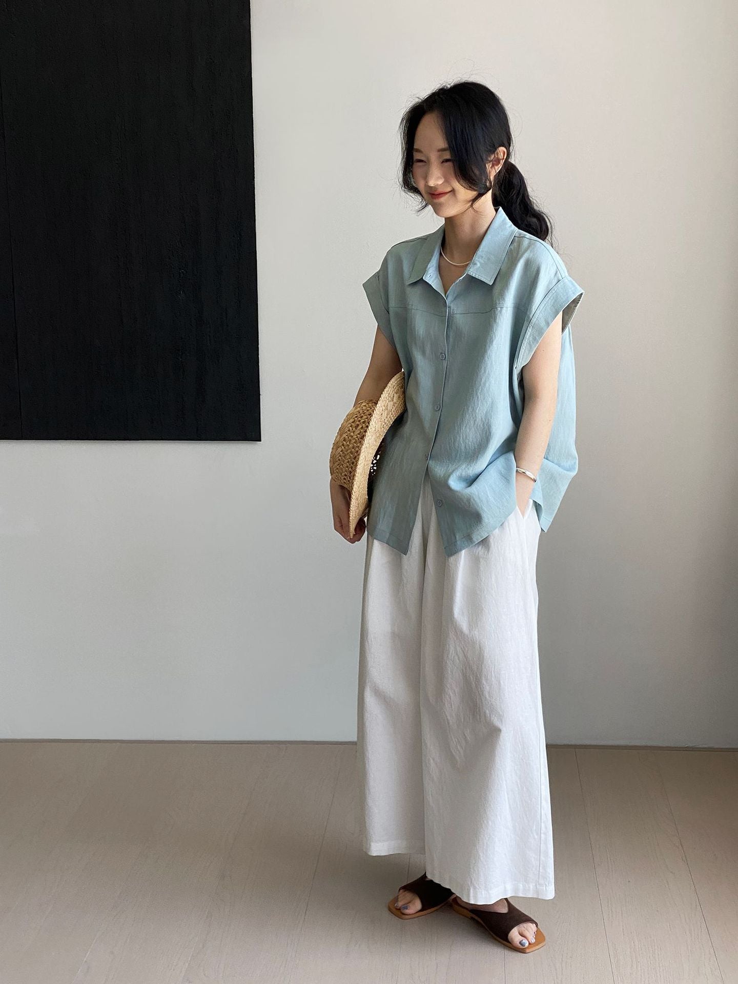 韓系天絲亞麻簡約翻領單排扣襯衫-2色