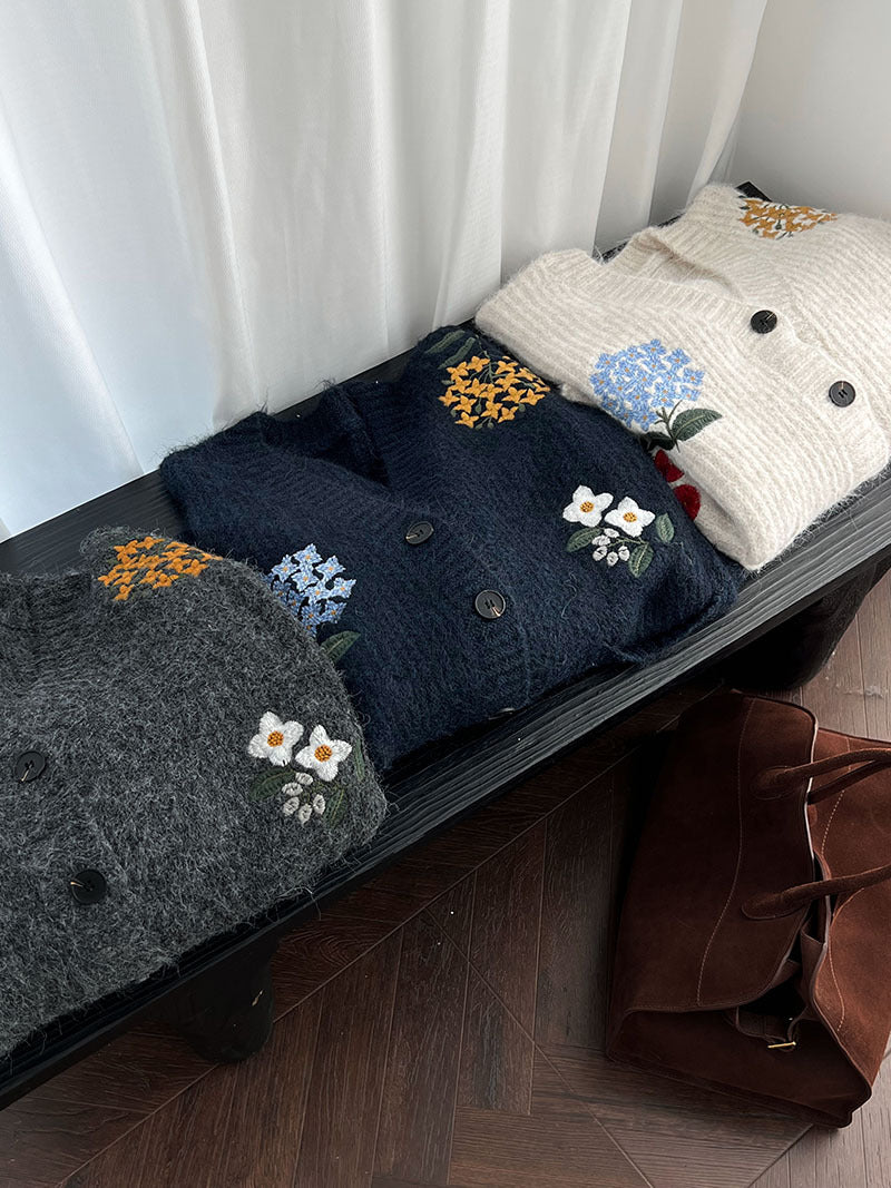 韓系復古軟糯花卉刺繡針織開衫外套-4色